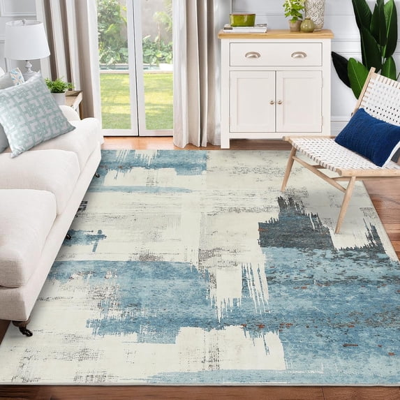 Yesurprise 8x10ft Modern Abstract Beige Blue Area Rugs - Stain Resistant, Washable, Non-Shedding, Non-Slip Carpet for Living Room, Bedroom, Dining Room, Office - Beige Blue