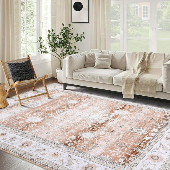 Yesurprise 8x10ft Vintage Persian Area Rugs - Large Distressed Carpet for Dining Room, Machine Washable, Non Slip, Orange & Light Brown