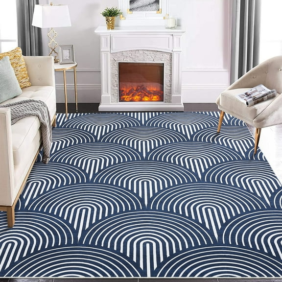 Yesurprise 9*12 Area Rugss for Living Room - Large Modern Abstract Design, Low Pile, Non Slip, Navy Blue Throw Carpet