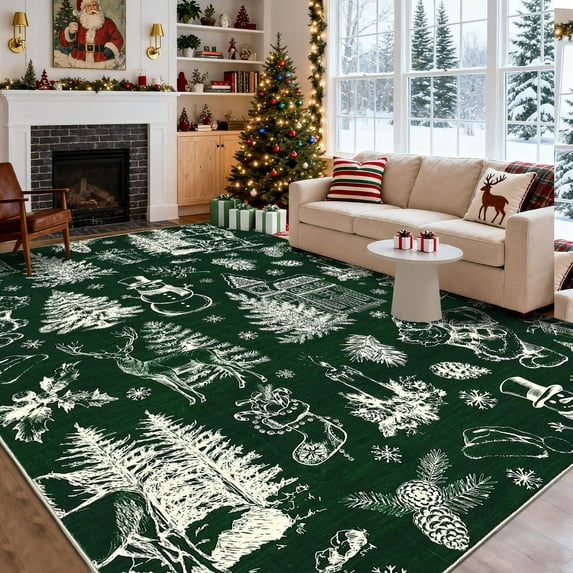 Yesurprise 9'x12' Christmas Tree and Reindeer Area Rugs - Machine Washable, Non-Slip Rubber Backing, Festive Decor for Living Room