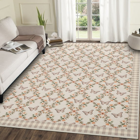 Yesurprise 9'x12' Floral Printed Area Rugs for Living Room, Bedroom, Dining Room - Washable, Geometric Border, Non-Slip, Butterflies Pattern, Camel Color