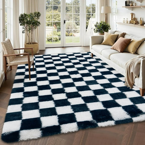 Yesurprise 9'x12' Luxury Fluffy Shag Area Rugs, Modern Checkered Non-Slip Carpet for Living Room & Bedroom Home Decor, Navy Color