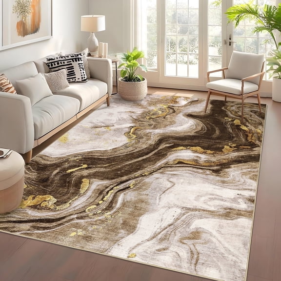 Yesurprise 9'x12' Modern Abstract Area Rugs - Washable, Stain-Resistant, Soft Accent Carpet, Non-Slip Low Pile, Colorful Area Rugss for Bedroom, Dining Room, and Home Decor, Camel