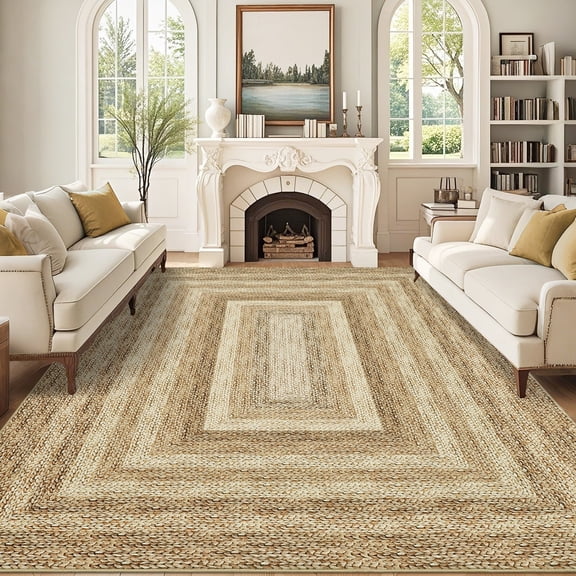 Yesurprise 9'x12' Modern Braided Printed Area Rugs - Washable Accent Carpet, Non-Slip Bordered, Foldable, Low Pile Floor Cover for Living Room, Bedroom, Home Office, Linen