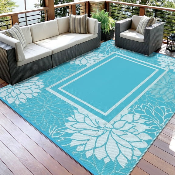 Yesurprise 9'x18' Reversible Outdoor Area Rugs - Waterproof Floral Border, Lightweight Indoor/Outdoor Carpet for Patio, Deck, and Backyard - Light Blue and White