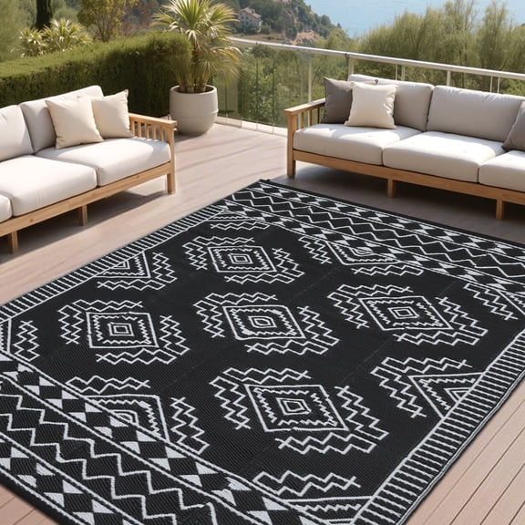 Yesurprise 9'x18' Waterproof Reversible Outdoor Area Rugs - Modern Geometric Design, Lightweight Foldable Patio Mat for RV, Deck, and Picnic - Black and White