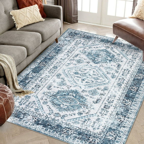 Yesurprise 9ft*12ft Large Vintage Area Rugs - Traditional Distressed Non-Slip Area Rugs with Floral Print, Stain Resistant, Low Pile Carpet Home Decor, Dusty Blue