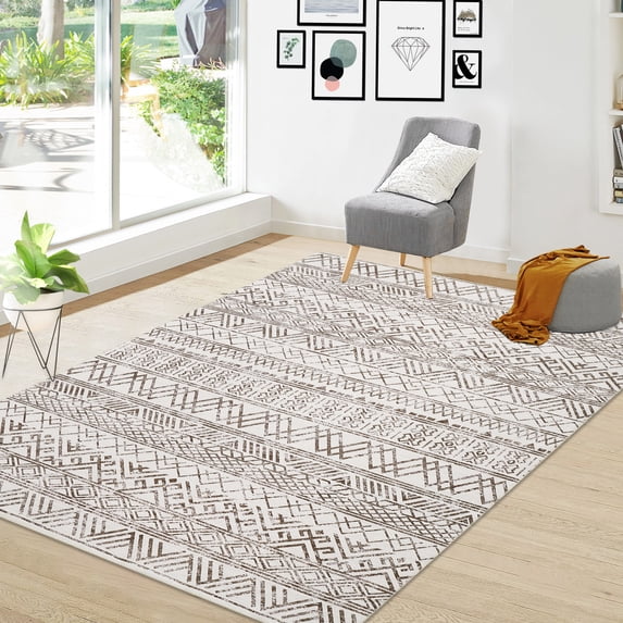 Yesurprise 9x12ft 1150gsm 100% Polyester Area Rugs - Chenille B Wash, Printed Carpet, Boho Style, Beige Brown Tone