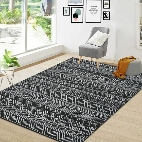 Yesurprise 9x12ft 1150gsm 100% Polyester Area Rugs - Chenille B Wash, Printed Carpet, Boho Style, Black Tone