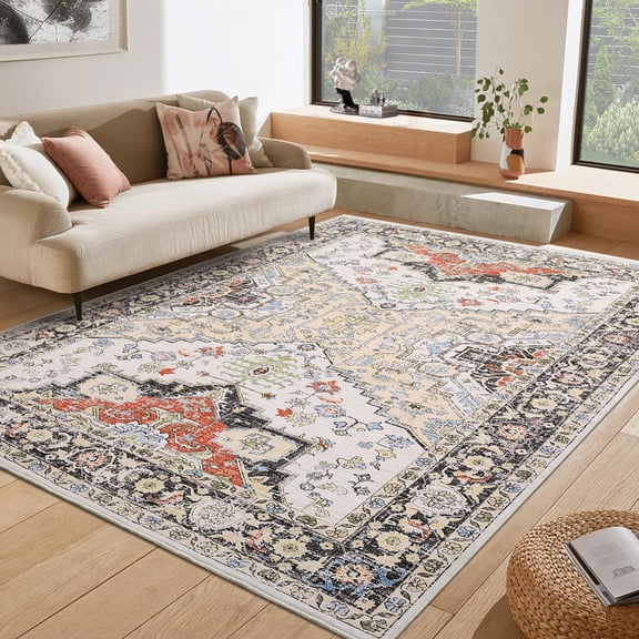 Yesurprise 9x12ft Area Rugs - Large Vintage Floral Print Distressed Carpet, Boho Tribal Accent Area Rugs for Living Room or Bedroom, Yellow/Red