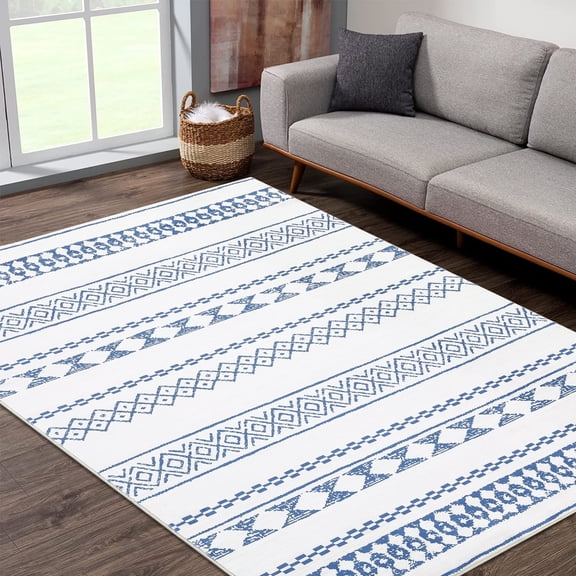 Yesurprise 9x12ft Moroccan Area Rugs - Blue Geometric Design, Indoor Large, Washable, Non-Slip, Low Pile, Foldable, Thin Carpet for Living Room, Bedroom - Boho Blue