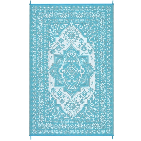 Yesurprise 9x12ft Vintage Medallion Outdoor Reversible Area Rugs, Waterproof Plastic Straw Mat for Patio/Camping, Light Blue/White