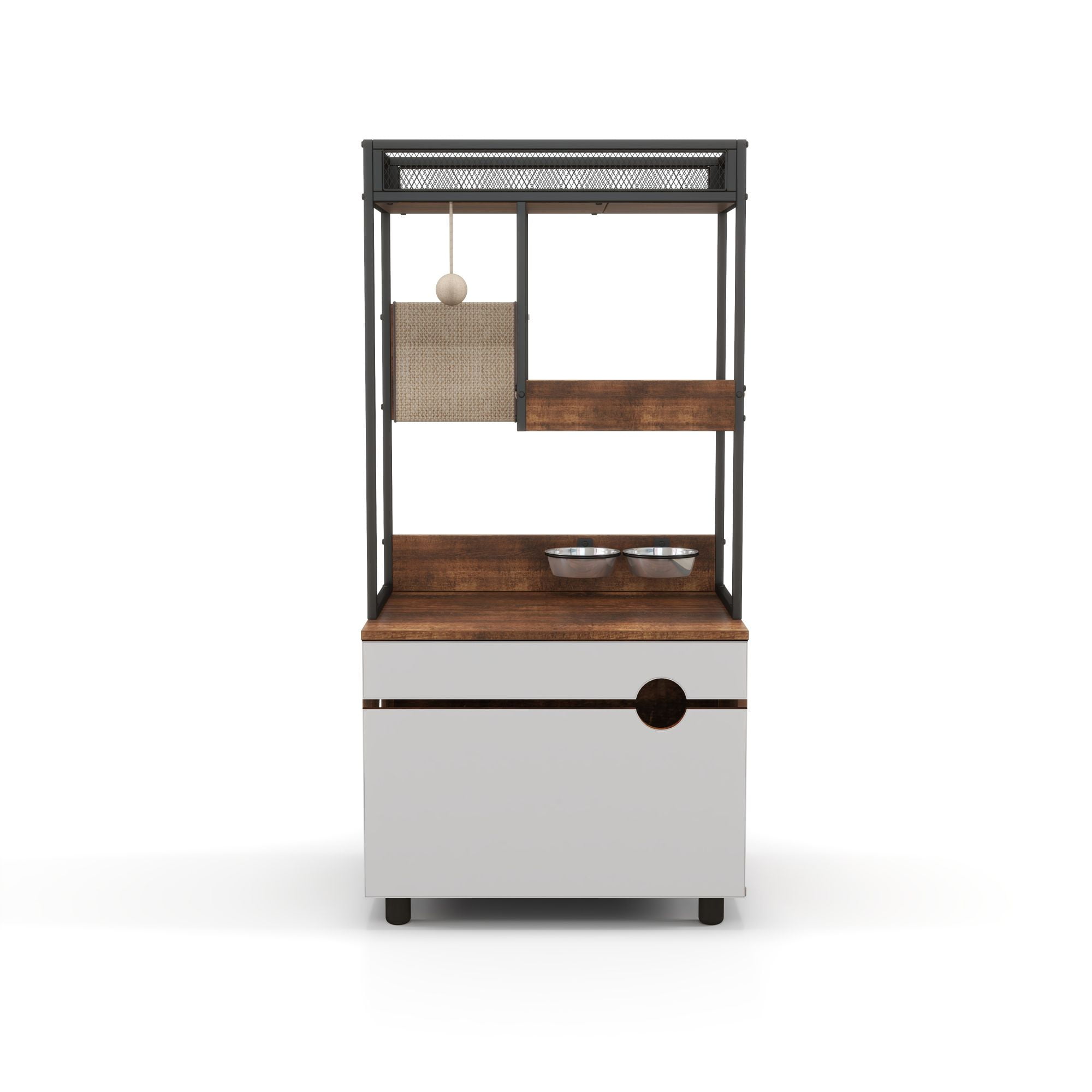 White and Retro Particle Board Cat Litter Box Enclosure with Storage Shelves