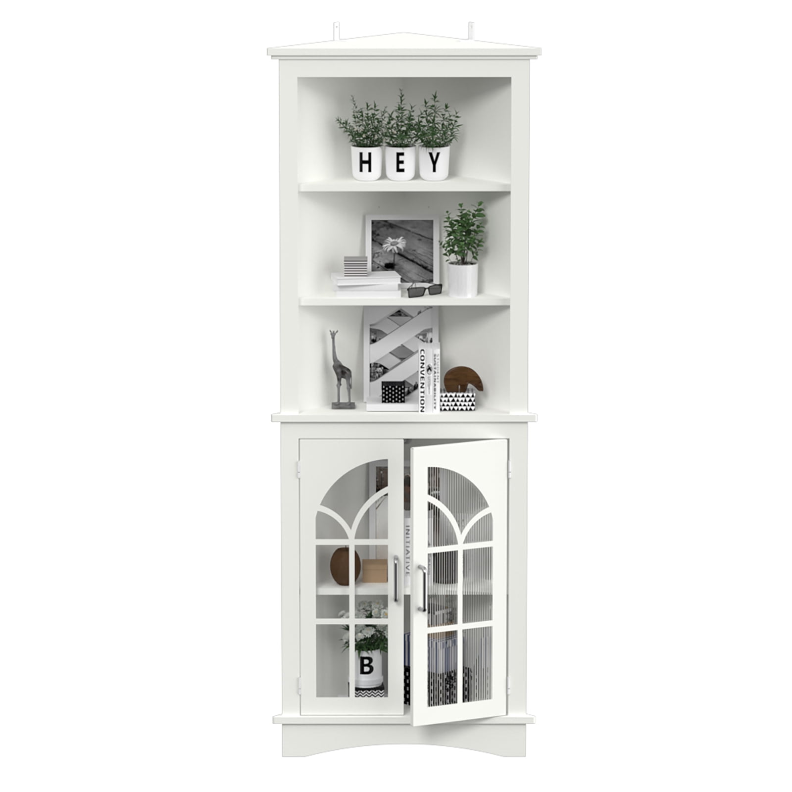 White MDF Corner Accent Cabinet with Adjustable Shelves and Glass Doors