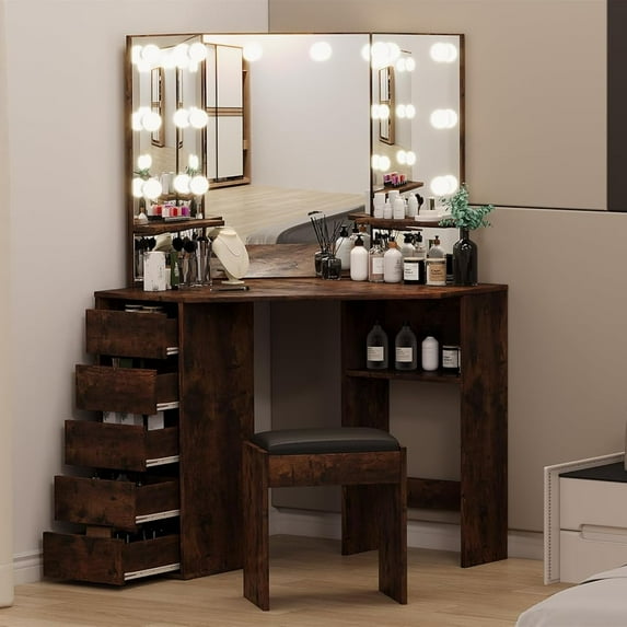 Yesurprise Corner Vanity Desk & Bench with 3-Folding Lighted Mirrors, Charging Station & 5 Drawers - Makeup Table for Bedroom