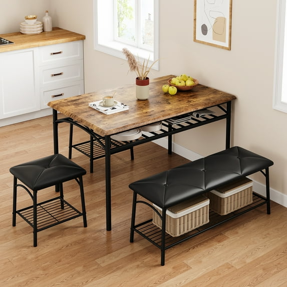 Yesurprise Dining Table Set for 4 Kitchen Table Set with Upholstered Bench and Square Stools Metal and Wood Dining Room Table Set