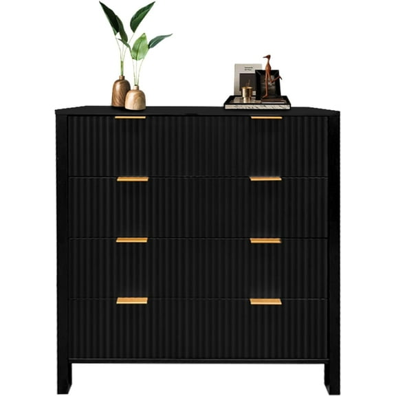 Yesurprise EastVita Wooden Modern Dresser Fluted 4 Drawer Dresser for Bedroom Boho Wooden Storage Cabinet With Golden Handles Modern Chest