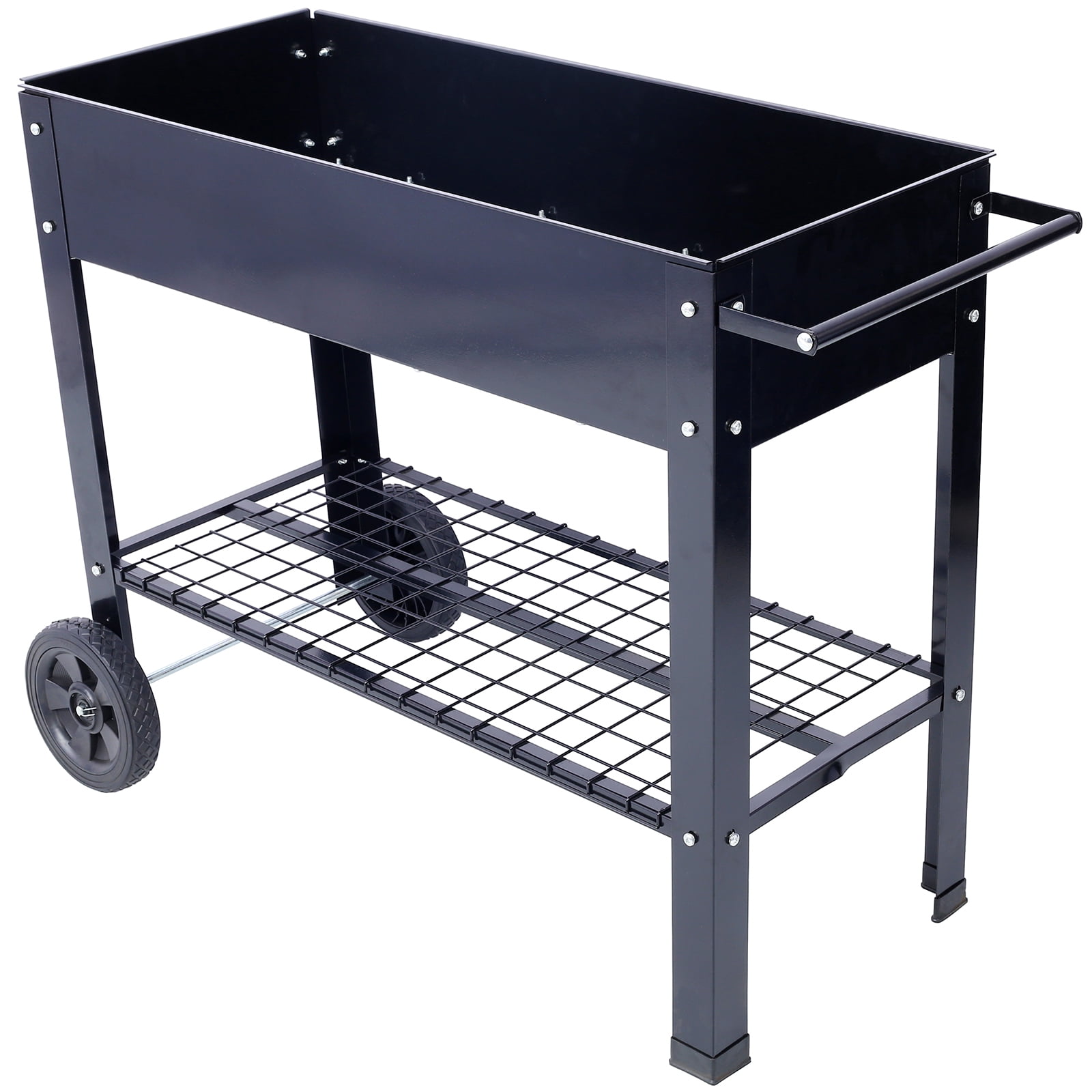 Black Steel Elevated Raised Garden Bed with Wheels and Storage Shelf