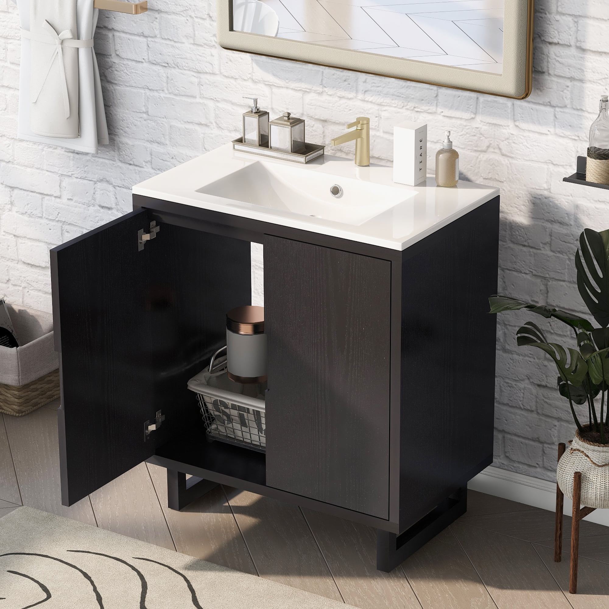 Yesurprise Freestanding Bathroom Cabinet with Top Basin Sink 2 Doors ...