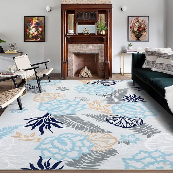 Yesurprise Gray Blue 1200G 100% Polyester Washable Folding Printed Carpet - 9ft*12ft (274cm*366cm) Natural Flowers Design