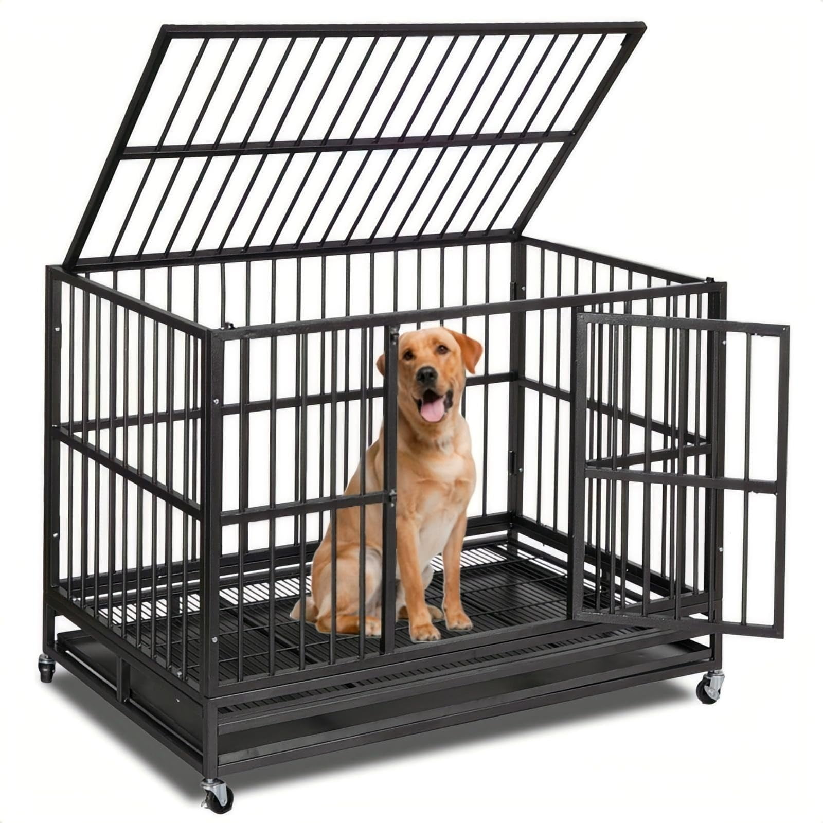 Image showcasing Yesurprise Heavy Duty Dog Crate with Pointed Roof, Indestructible Large ...