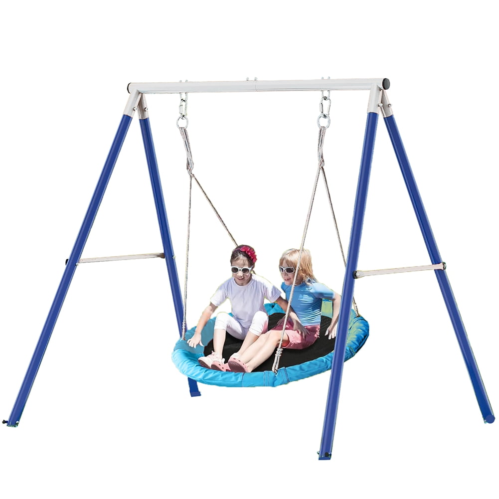 Blue Metal Freestanding Swing Set with Saucer Swing