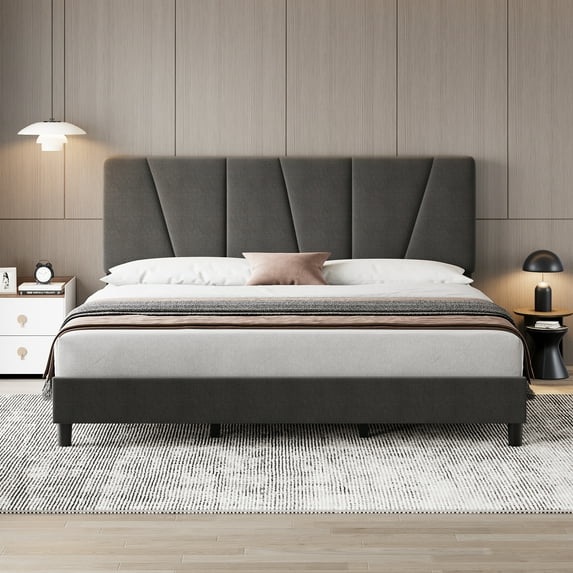 Yesurprise King Size Bed Frame with Adjustable Headboard Linen Upholstered Platform Bed Frame with Strong Wooden Slats Mattress Foundation No Box Spring Needed