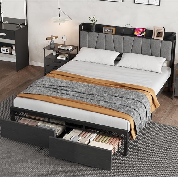 Yesurprise King Size Bed Frame with Storage Headboard, Industrial Full Platform Bed with 2 Large Drawers and Charging Station, No Box Spring Needed Noise Free