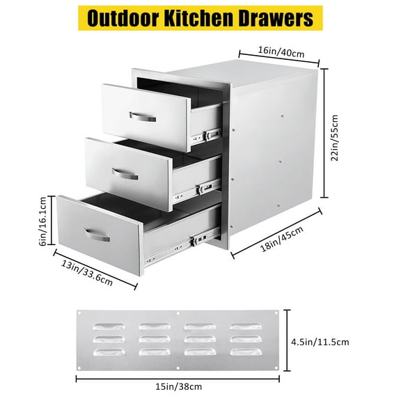Yesurprise Kitchen Drawers 15.7"x17.7"x21.6" Stainless Steel Triple Access Divider Venting BBQ Island 3 Drawers