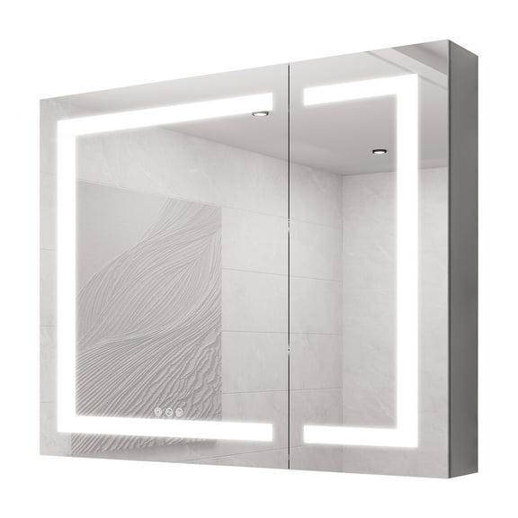Yesurprise LED Lighted Bathroom Cabinet with Mirror, 36x30" Recessed Or Surface Mounted Storage Cabinet with Touch Control Dimmable Anti-fog LED Vanity Mirror for Bathroom