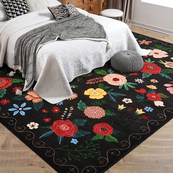 Yesurprise Large Soft Modern Machine Washable Floral Area Rugs - Non-Slip Low Pile Carpet for Living Room, Bedroom, and Dining Room