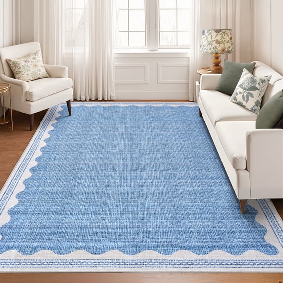 Yesurprise Modern Bordered Washable Area Rugs 5x7, Ultra Soft Non-Slip Low Pile Carpet for Bedroom, Living Room & Home Office - Blue