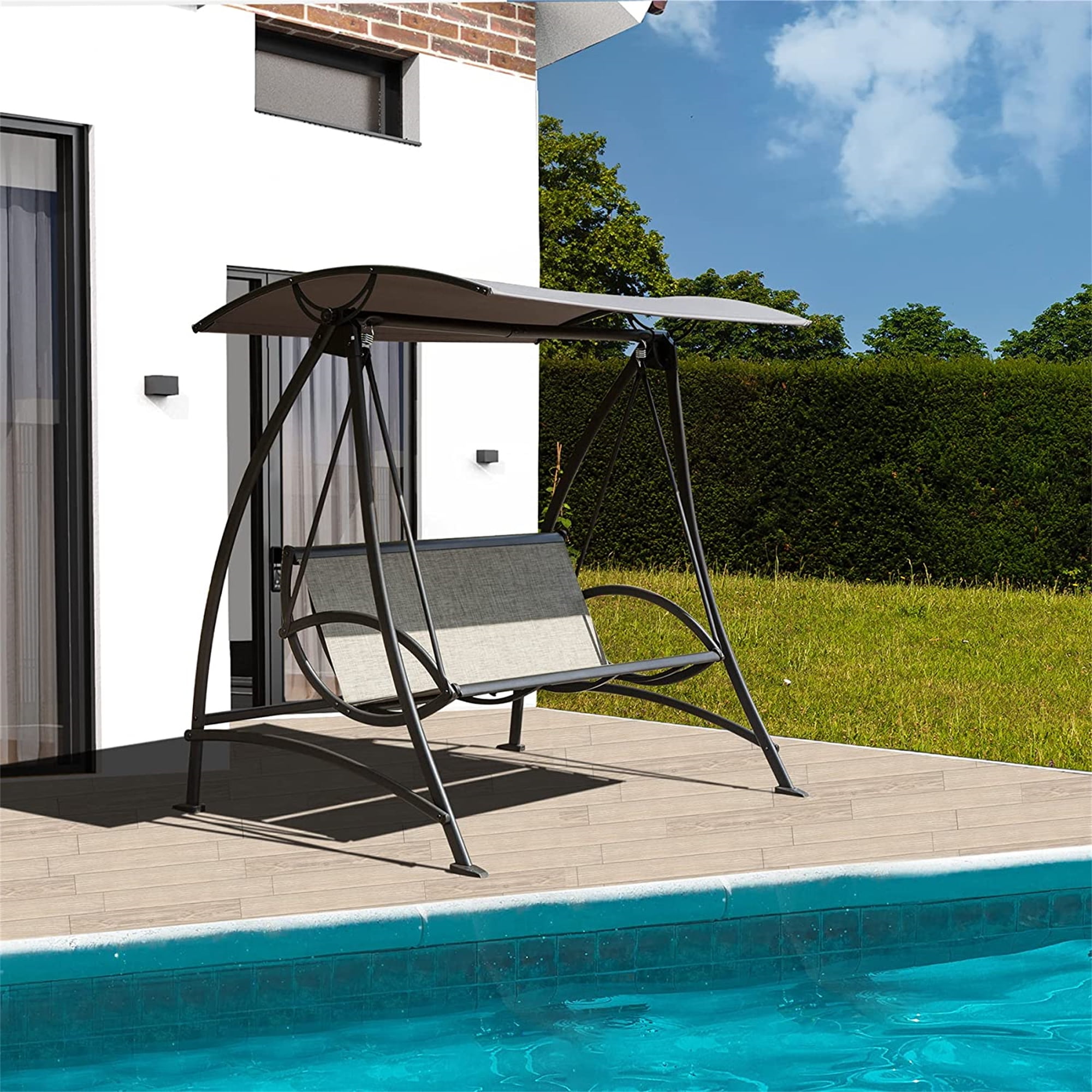 Outdoor 3-Seat Dark Brown Steel Patio Swing with Weather Resistant Canopy