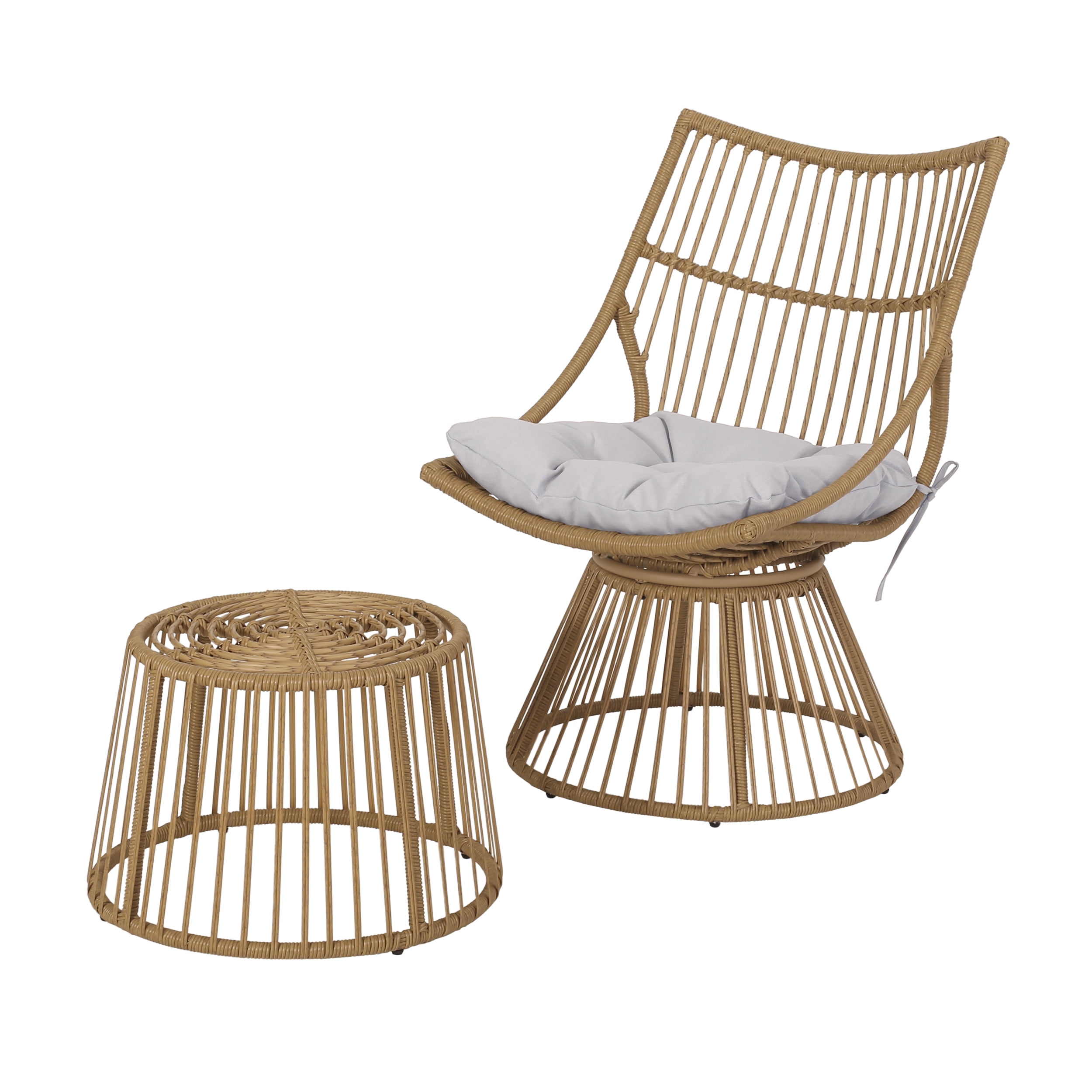 Light Brown Wicker Chair and Round Side Table Set with Weatherproof Cushion