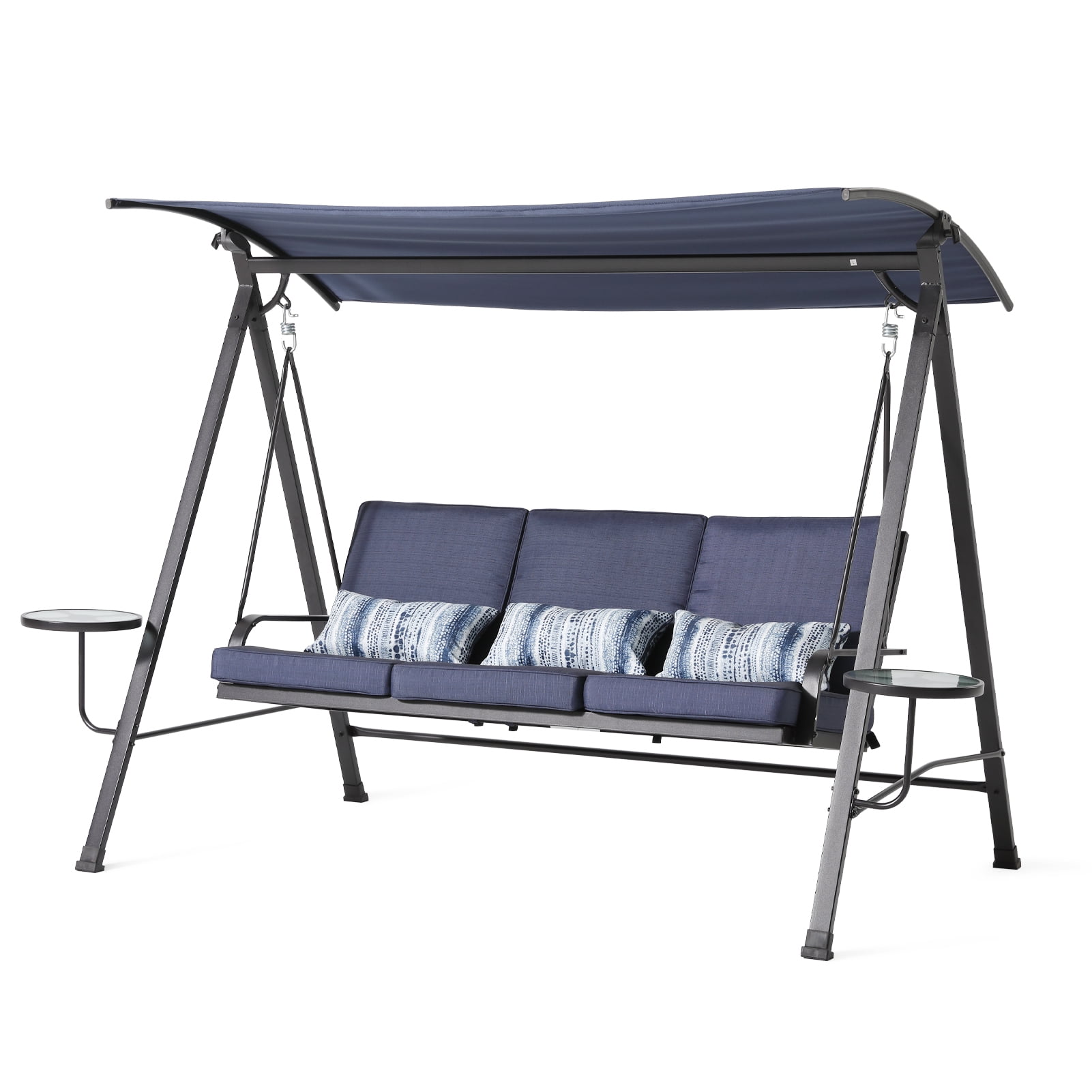 Gray Steel 3-Person Patio Swing with Blue Cushions and Canopy