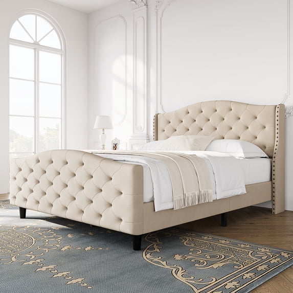 Yesurprise Queen Size Platform Bed Frame Velvet Upholstered Bed with Deep Button Tufted & Nailhead Trim Wingback Headboard No Box Spring Needed Beige