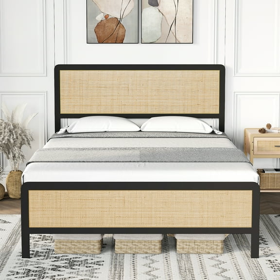 Yesurprise Queen Size Rattan Bed Frame with Headboard Boho Cane Platform Full Bed Frame with Safe Rounded Corners Strong Metal Slats Support Noise-Free