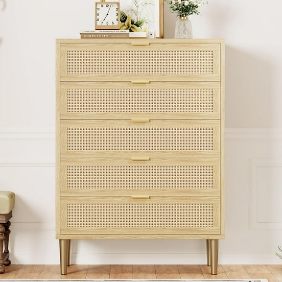 Yesurprise Rattan 5 Drawer Dresser, 44'' Tall Narrow Chest of Drawer, Farmhouse Wooden Storage Cabinet with Metal Legs and Handles, Modern Dresser