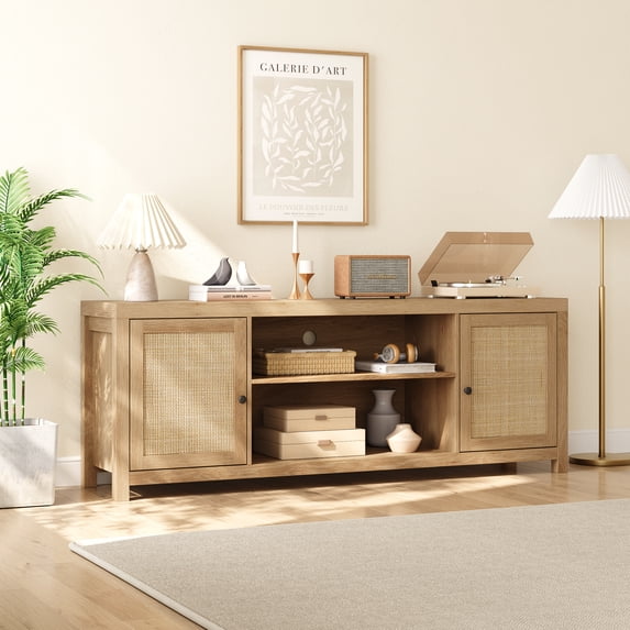 Yesurprise Rattan TV Stand for 65 Inch Boho Entertainment Center with Storage and Doors Wood TV & Media Console Under TV Cabinet Furniture