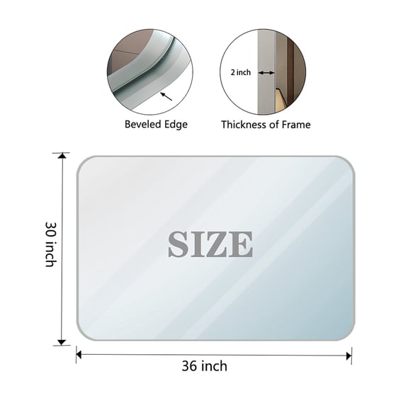 Yesurprise Rectangle Bathroom Mirror 30x20in/36x30in/40x30in Fireproof Waterproof Beveled Edge Design Rounded Corner Wall-mounted Bathroom Mirror