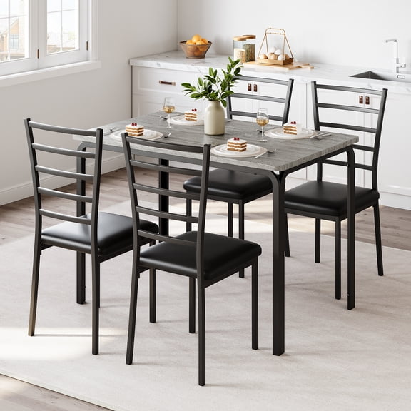 Yesurprise Set of 5 Set for Home Kitchen Small Space Breakfast Nook 4 Faux Leather Metal Frame Chairs Dining Table for 4 Gray