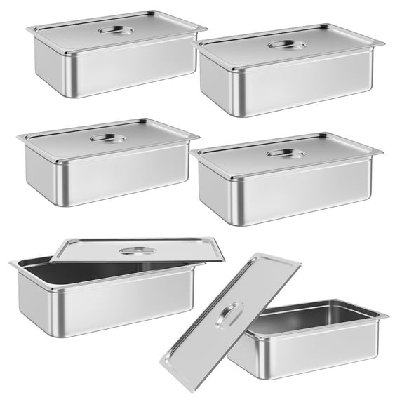 Yesurprise Set of 6 Hotel Pan Steam Table Pan 21 x 13 Inch Anti Jam Stainless Steel Commercial Steamer Pan Food Catering Trays with cover 6" Deep