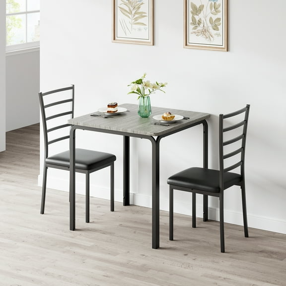 Yesurprise Small Dining Table Set for 2 3 Piece Kitchen Bar Dinette Square with PU Padded Chairs Gray