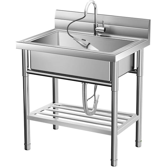 Yesurprise Stainless Steel Utility Sink, Free Standing Single Bowl Sink with Cold and Hot Water Pipe, Commercial Kitchen Utility Sinks for a Laundry Room, Bathroom