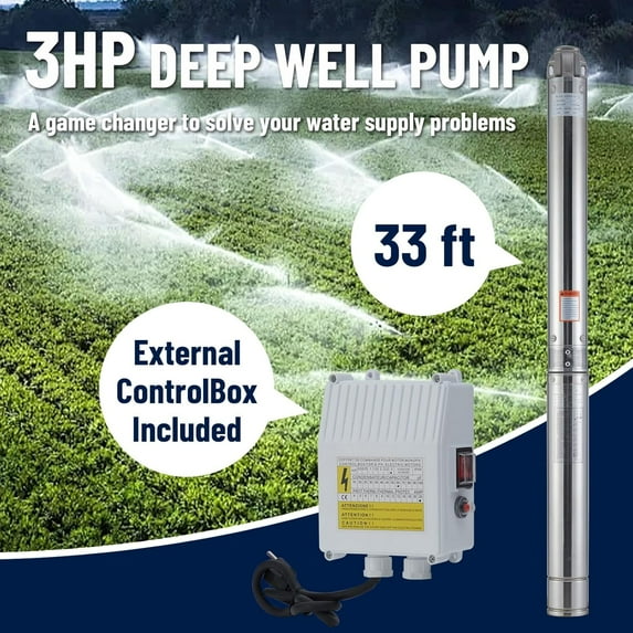 Yesurprise Submersible Deep Well Pump Stainless Steel 3HP 220V 36GPM 510ft Head 33ft Cord