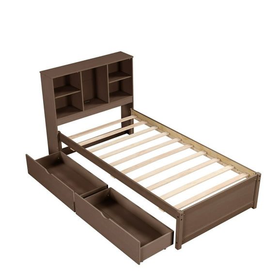 Yesurprise Twin Size Bed Frame, Wood Platform Bed Frame with Double Layered Storage Headboard, USB Port, 2 Sliding Drawers, Bed Frame, No Box Spring Needed