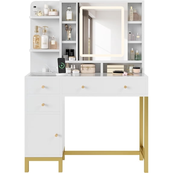 Yesurprise Vanity with Led Lighted Mirror & Power Outlet, 3 Lighting Modes, Brightness Adjustable, Vanity Desk with Acrylic Tabletop & Drawers and Cabinets