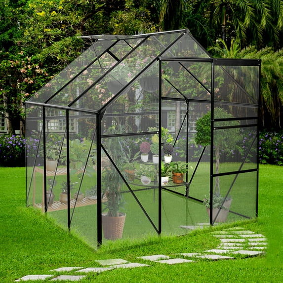 Yesurprise Walk in Greenhouse, Greenhouses for Outdoors with Sliding Door, Adjustable Roof, Drainage System & Galvanized Base, Metal Frame Greenhouse for Backyard
