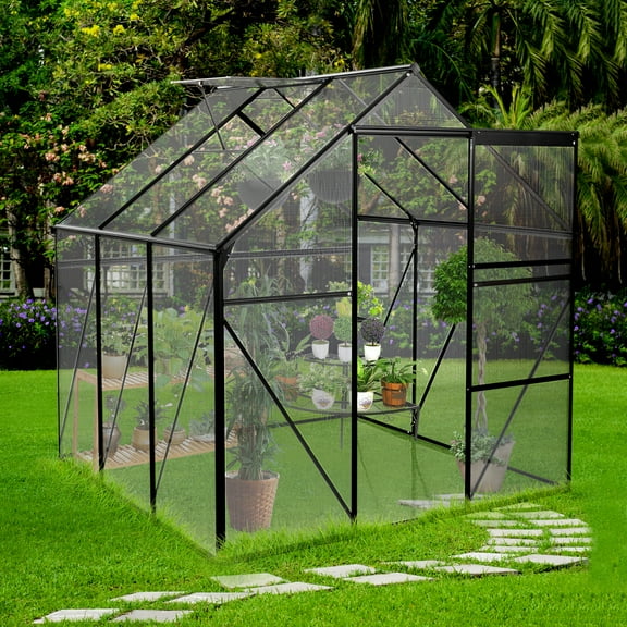Yesurprise Walk in Greenhouse, Greenhouses for Outdoors with Sliding Door, Adjustable Roof, Drainage System & Galvanized Base, Metal Frame Greenhouse for Backyard