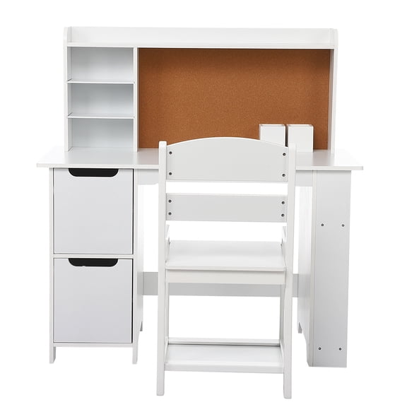 Yesurprise Wooden Study Desk and Chair for Kids White Student Learning Table with Bookshelf Storage for Boys and Girls, 3-8 Y